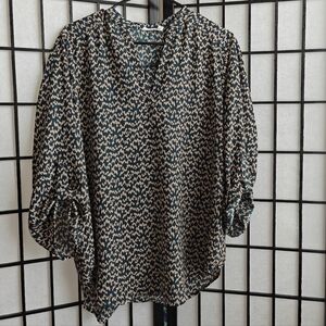 Navy And Tan Unique Patterned Tab Sleeve V-Neck Pullover Blouse XL Whimsygoth